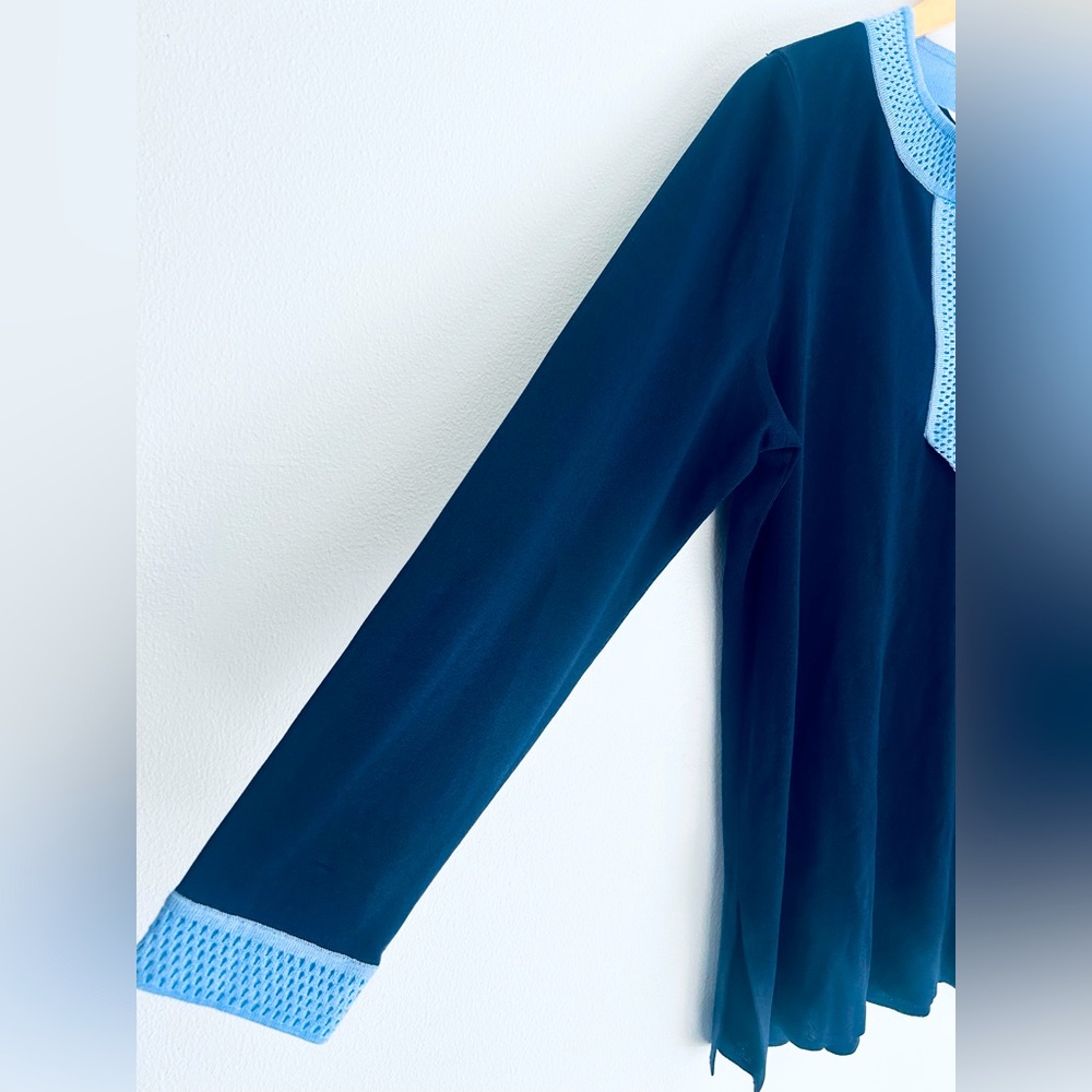 Misook Knit Navy Blue With Light Blue Trim Tunic Long Sleeve Top Size Large - Picture 4 of 7